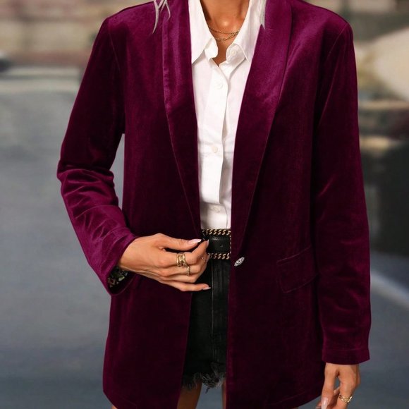 Burgundy Preppy Womens Shawl Collar Velvet Blazer - Picture 6 of 6